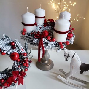 Fenyő adventi koszorú piros 3D hatású Havas  - karácsony - adventi díszek - adventi koszorú - Meska.hu
