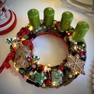 LED-es Világító, maci adventi koszorú, mackó adventi dísz - karácsony - adventi díszek - adventi koszorú - Meska.hu