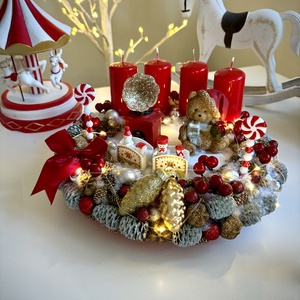 LED-es Világító, maci adventi koszorú, mackó adventi dísz, Karácsony, Adventi díszek, Adventi koszorú, Mindenmás, MESKA