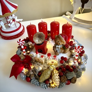 LED-es Világító, maci adventi koszorú, mackó adventi dísz - karácsony - adventi díszek - adventi koszorú - Meska.hu