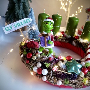 Világító Grincs, grincses adventi koszorú grincses karácsonyi dísz - karácsony - adventi díszek - adventi koszorú - Meska.hu