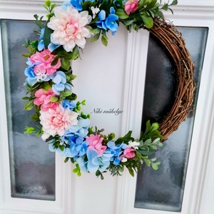 Kék hortenzia ajtódísz, kopogtató, tavasz, tél, mókus, vessző ajtódísz - otthon & életmód - dekoráció - ajtó- és ablak dekoráció - ajtódísz & kopogtató - Meska.hu