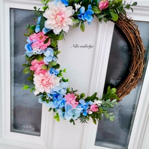 Kék hortenzia ajtódísz, kopogtató, tavasz, tél, mókus, vessző ajtódísz - otthon & életmód - dekoráció - ajtó- és ablak dekoráció - ajtódísz & kopogtató - Meska.hu