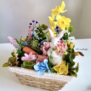 Nyuszi Húsvéti dekoráció, Tavaszi asztaldísz, húsvéti kosár dekoráció, dekoráció, Selyemvirág asztaldísz  - otthon & életmód - dekoráció - asztal és polc dekoráció - asztaldísz - Meska.hu