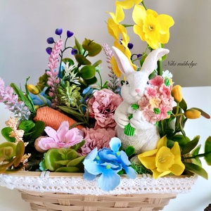 Nyuszi Húsvéti dekoráció, Tavaszi asztaldísz, húsvéti kosár dekoráció, dekoráció, Selyemvirág asztaldísz  - otthon & életmód - dekoráció - asztal és polc dekoráció - asztaldísz - Meska.hu