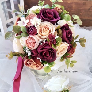 Menyasszonyi csokor, örökcsokor, selyemvirág csokor kitűzővel, burgundi, bordó csokor - esküvő - menyasszonyi- és dobócsokor - Meska.hu