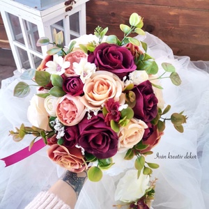 Menyasszonyi csokor, örökcsokor, selyemvirág csokor kitűzővel, burgundi, bordó csokor - Meska.hu