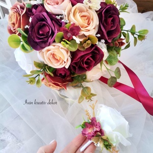 Menyasszonyi csokor, örökcsokor, selyemvirág csokor kitűzővel, burgundi, bordó csokor - esküvő - menyasszonyi- és dobócsokor - Meska.hu