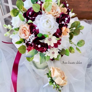 Gyöngyös Menyasszonyi csokor, örökcsokor, selyemvirág csokor kitűzővel, burgundi, bordó csokor - Meska.hu