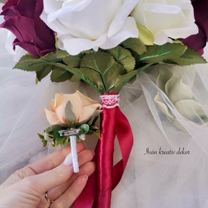 Gyöngyös Menyasszonyi csokor, örökcsokor, selyemvirág csokor kitűzővel, burgundi, bordó csokor - esküvő - menyasszonyi- és dobócsokor - Meska.hu