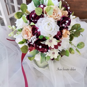 Gyöngyös Menyasszonyi csokor, örökcsokor, selyemvirág csokor kitűzővel, burgundi, bordó csokor - esküvő - menyasszonyi- és dobócsokor - Meska.hu