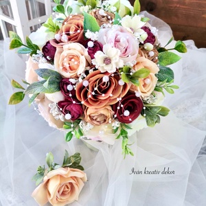 Gyöngyös Menyasszonyi csokor, örökcsokor, selyemvirág csokor kitűzővel, burgundi, bordó csokor - Meska.hu