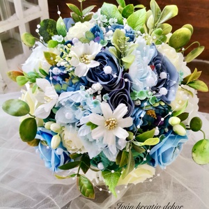 Gyöngyös Valami kék Menyasszonyi csokor, örökcsokor, selyemvirág csokor kitűzővel, - Meska.hu