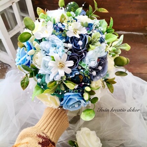 Gyöngyös Valami kék Menyasszonyi csokor, örökcsokor, selyemvirág csokor kitűzővel, - esküvő - menyasszonyi- és dobócsokor - Meska.hu