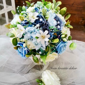 Gyöngyös Valami kék Menyasszonyi csokor, örökcsokor, selyemvirág csokor kitűzővel, - esküvő - menyasszonyi- és dobócsokor - Meska.hu