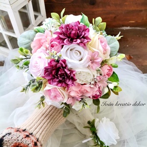 Pasztell Menyasszonyi csokor, örökcsokor, selyemvirág csokor kitűzővel, nude csokor - Meska.hu