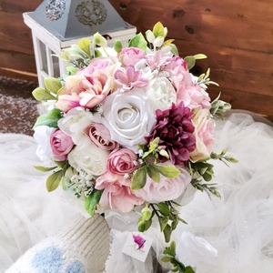 Menyasszonyi csokor, örökcsokor, selyemvirág csokor kitűzővel, pasztell, nude csokor - esküvő - menyasszonyi- és dobócsokor - Meska.hu