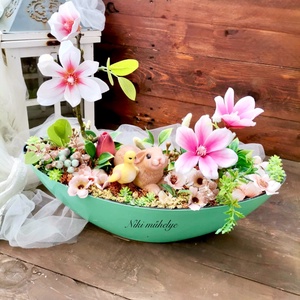Magnólia dekoráció, Tavaszi asztaldísz, húsvéti kosár dekoráció, csónak dekor - ünnepi díszek, dekorációk - húsvéti díszek és dekorációk - húsvéti virágos díszek - Meska.hu