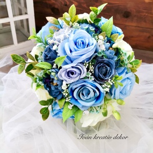 Valami kék Menyasszonyi csokor, örökcsokor, selyemvirág csokor kitűzővel, - esküvő - menyasszonyi- és dobócsokor - Meska.hu