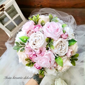 Gyöngyös pasztell Menyasszonyi csokor, örökcsokor, selyemvirág csokor kitűzővel, Esküvő, Menyasszonyi- és dobócsokor, Virágkötés, MESKA