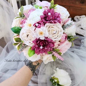 Gyöngyös Menyasszonyi csokor, örökcsokor, selyemvirág csokor kitűzővel, pasztell, nude csokor - esküvő - menyasszonyi- és dobócsokor - Meska.hu