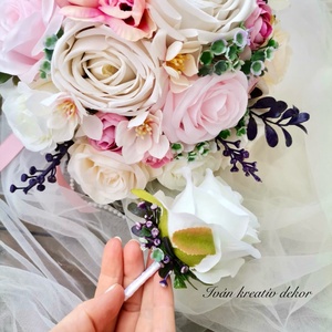 Menyasszonyi csokor, örökcsokor, selyemvirág csokor kitűzővel, pasztell, nude csokor - esküvő - menyasszonyi- és dobócsokor - Meska.hu