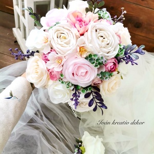 Menyasszonyi csokor, örökcsokor, selyemvirág csokor kitűzővel, pasztell, nude csokor - esküvő - menyasszonyi- és dobócsokor - Meska.hu