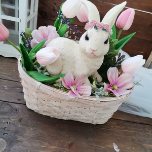 Nyuszi tulipán dekoráció, Tavaszi asztaldísz, húsvéti kosár dekoráció, dekor - ünnepi díszek, dekorációk - húsvéti díszek és dekorációk - húsvéti virágos díszek - Meska.hu
