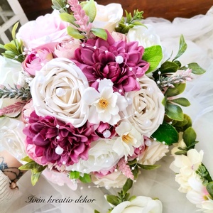 Gyöngyös Menyasszonyi csokor, örökcsokor, selyemvirág csokor kitűzővel, pasztell, nude csokor, fejdísz - esküvő - menyasszonyi- és dobócsokor - Meska.hu