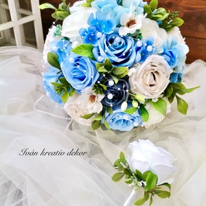 Gyöngyös Valami kék Menyasszonyi csokor, örökcsokor, selyemvirág csokor kitűzővel,, Esküvő, Menyasszonyi- és dobócsokor, Virágkötés, MESKA