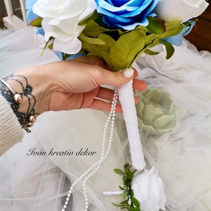 Gyöngyös Valami kék Menyasszonyi csokor, örökcsokor, selyemvirág csokor kitűzővel, - esküvő - menyasszonyi- és dobócsokor - Meska.hu