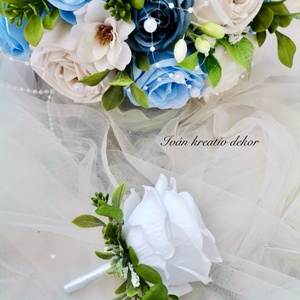 Gyöngyös Valami kék Menyasszonyi csokor, örökcsokor, selyemvirág csokor kitűzővel, - esküvő - menyasszonyi- és dobócsokor - Meska.hu