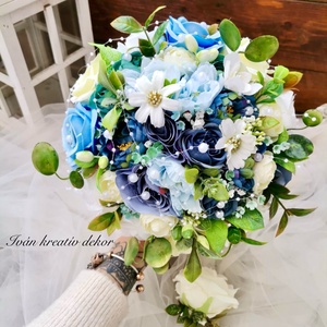 Gyöngyös Valami kék Menyasszonyi csokor, örökcsokor, selyemvirág csokor kitűzővel,, Esküvő, Menyasszonyi- és dobócsokor, Virágkötés, MESKA
