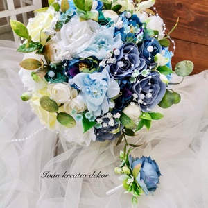 Gyöngyös Valami kék Menyasszonyi csokor, örökcsokor, selyemvirág csokor kitűzővel,, Esküvő, Menyasszonyi- és dobócsokor, Virágkötés, MESKA