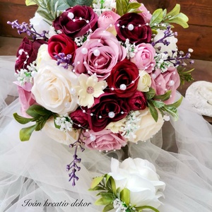 Gyöngyös menyasszonyi csokor, örökcsokor, selyemvirág csokor kitűzővel, - Meska.hu