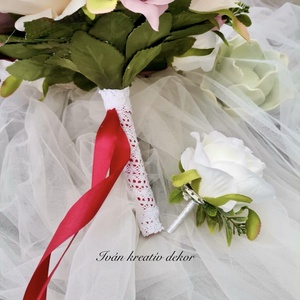 Gyöngyös menyasszonyi csokor, örökcsokor, selyemvirág csokor kitűzővel, - esküvő - menyasszonyi- és dobócsokor - Meska.hu