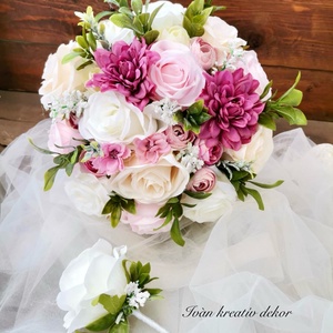 Pasztell nude menyasszonyi csokor, örökcsokor, selyemvirág csokor kitűzővel,, Esküvő, Menyasszonyi- és dobócsokor, Virágkötés, MESKA