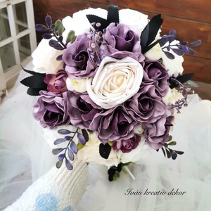 Antik Lila menyasszonyi csokor, örökcsokor, selyemvirág csokor kitűzővel,, Esküvő, Menyasszonyi- és dobócsokor, Virágkötés, MESKA