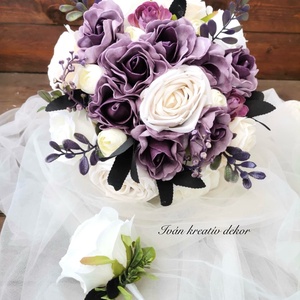 Antik Lila menyasszonyi csokor, örökcsokor, selyemvirág csokor kitűzővel, - esküvő - menyasszonyi- és dobócsokor - Meska.hu