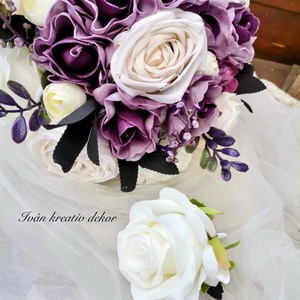 Antik Lila menyasszonyi csokor, örökcsokor, selyemvirág csokor kitűzővel, - esküvő - menyasszonyi- és dobócsokor - Meska.hu