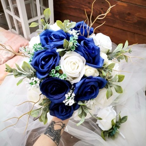 Navy blue királykék menyasszonyi csokor, örökcsokor, selyemvirág csokor kitűzővel,  - Meska.hu