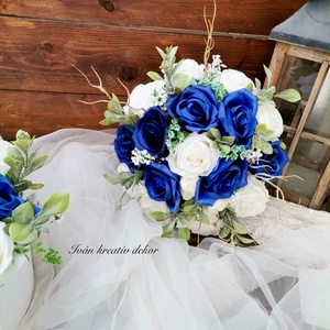 Navy blue királykék menyasszonyi csokor, örökcsokor, selyemvirág csokor kitűzővel,  - esküvő - menyasszonyi- és dobócsokor - Meska.hu