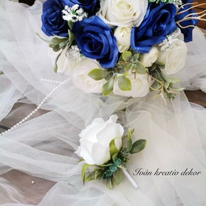 Navy blue királykék menyasszonyi csokor, örökcsokor, selyemvirág csokor kitűzővel,  - esküvő - menyasszonyi- és dobócsokor - Meska.hu