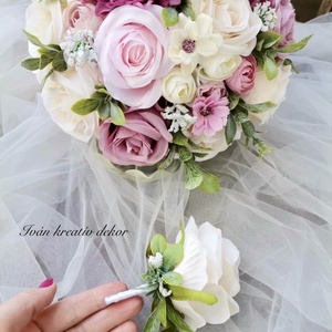 Pasztell nude menyasszonyi csokor örökcsokor, kitűzővel - esküvő - menyasszonyi- és dobócsokor - Meska.hu