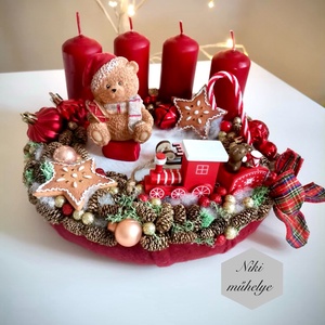 Maci adventi koszorú, mackó adventi dísz, adventi koszorú, advent maci piros gyertya  - karácsony - adventi díszek - adventi koszorú - Meska.hu