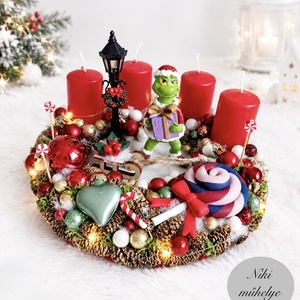 Világító Grincs adventi koszorú, grincses adventi dísz, adventi koszorú, világító grinch  - Meska.hu