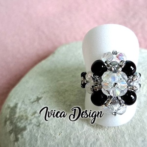 Fekete-Ezüst Candy Gyűrű, Ékszer, Gyűrű, Gyöngyös gyűrű, Gyöngyfűzés, gyöngyhímzés, Ékszerkészítés, MESKA