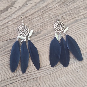Álomfogó stílusú tollas fülbevaló � sötétkék, bohém, Ékszer, Fülbevaló, Lógó fülbevaló, Ékszerkészítés, MESKA