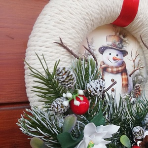 Téli koszorú hóemberrel - karácsony - karácsonyi lakásdekoráció - karácsonyi ajtódíszek - Meska.hu