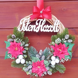 Téli koszorú mikulásvirággal, Karácsony, Karácsonyi lakásdekoráció, Karácsonyi ajtódíszek, Mindenmás, Virágkötés, MESKA